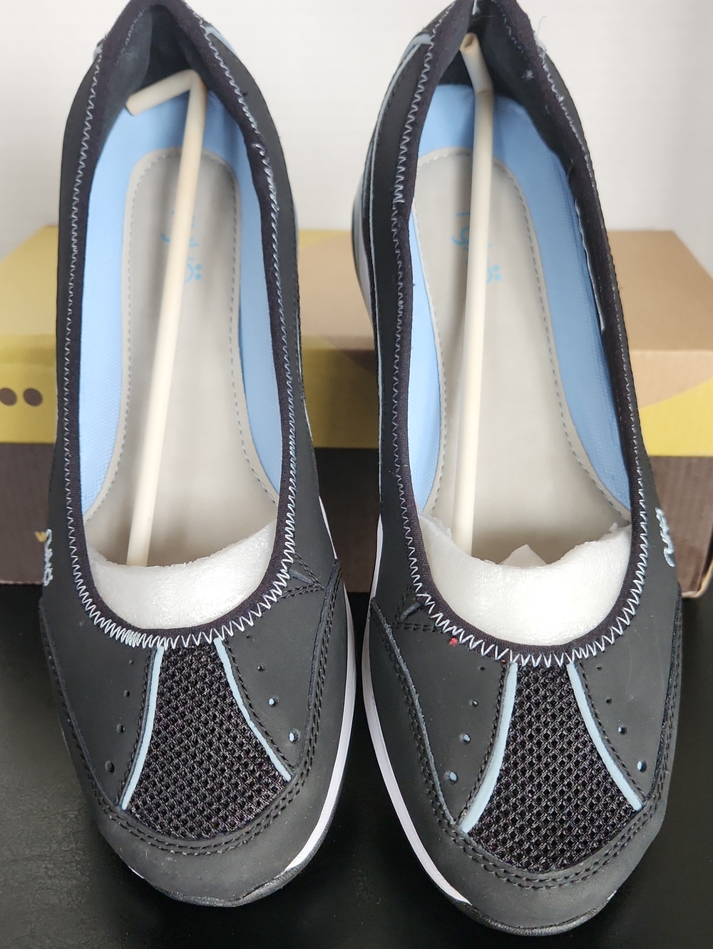 Ryka Black Mesh Slip-On Flats with Light Blue Insole Accents